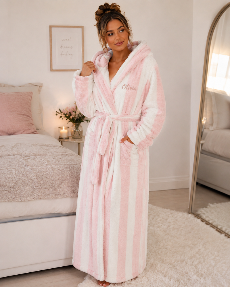 Personalised ladies stripe white and pink gown. Crafted from a luxury premium fabric and customised with a name and thread colour of your choice. Matching pyjamas available to buy. 
