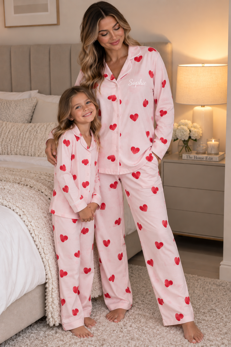Pre-Order - Personalised Long Sleeve Heart Print Pyjama Set