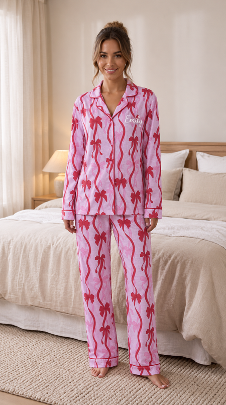 Pre-Order- Personalised Long Sleeve Ribbon Print Pyjama Set