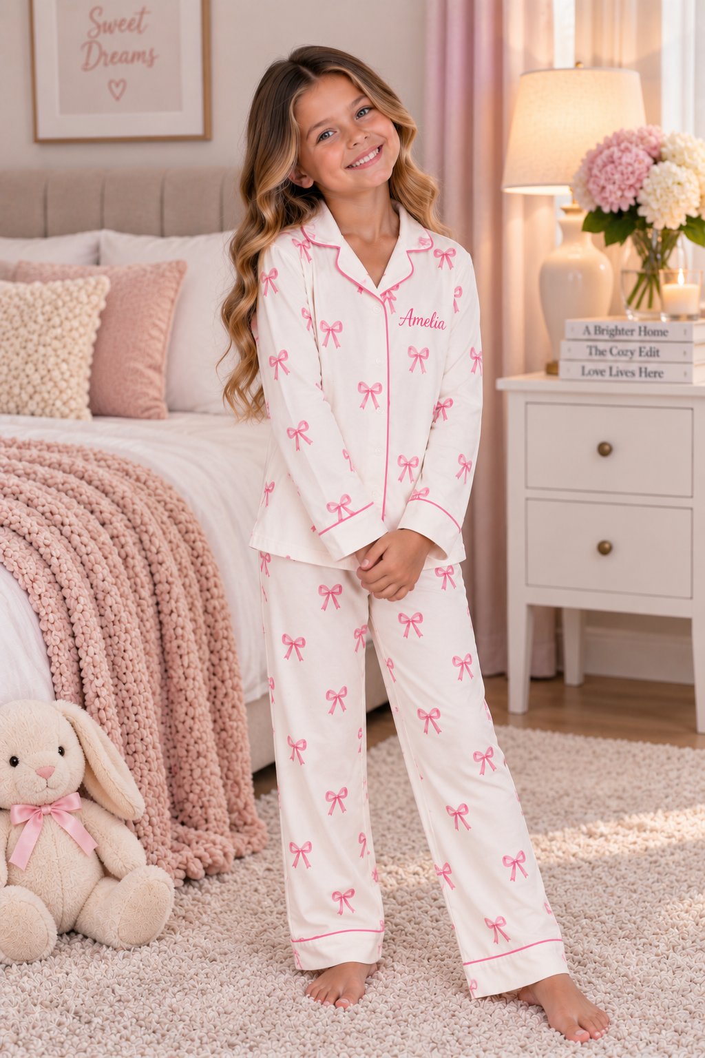 A young girl stands barefoot in a bedroom wearing a white pajama set with pink bow prints and pink piping. The set includes a long-sleeve button-up top and matching pants.