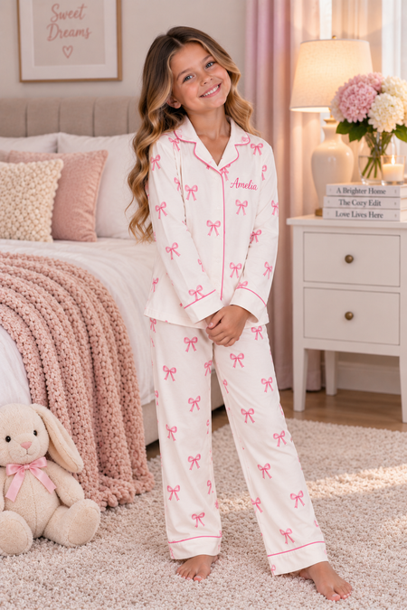A young girl stands barefoot in a bedroom wearing a white pajama set with pink bow prints and pink piping. The set includes a long-sleeve button-up top and matching pants.