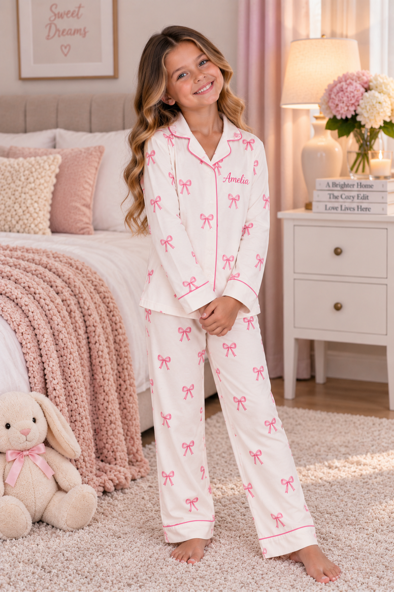 A young girl stands barefoot in a bedroom wearing a white pajama set with pink bow prints and pink piping. The set includes a long-sleeve button-up top and matching pants.
