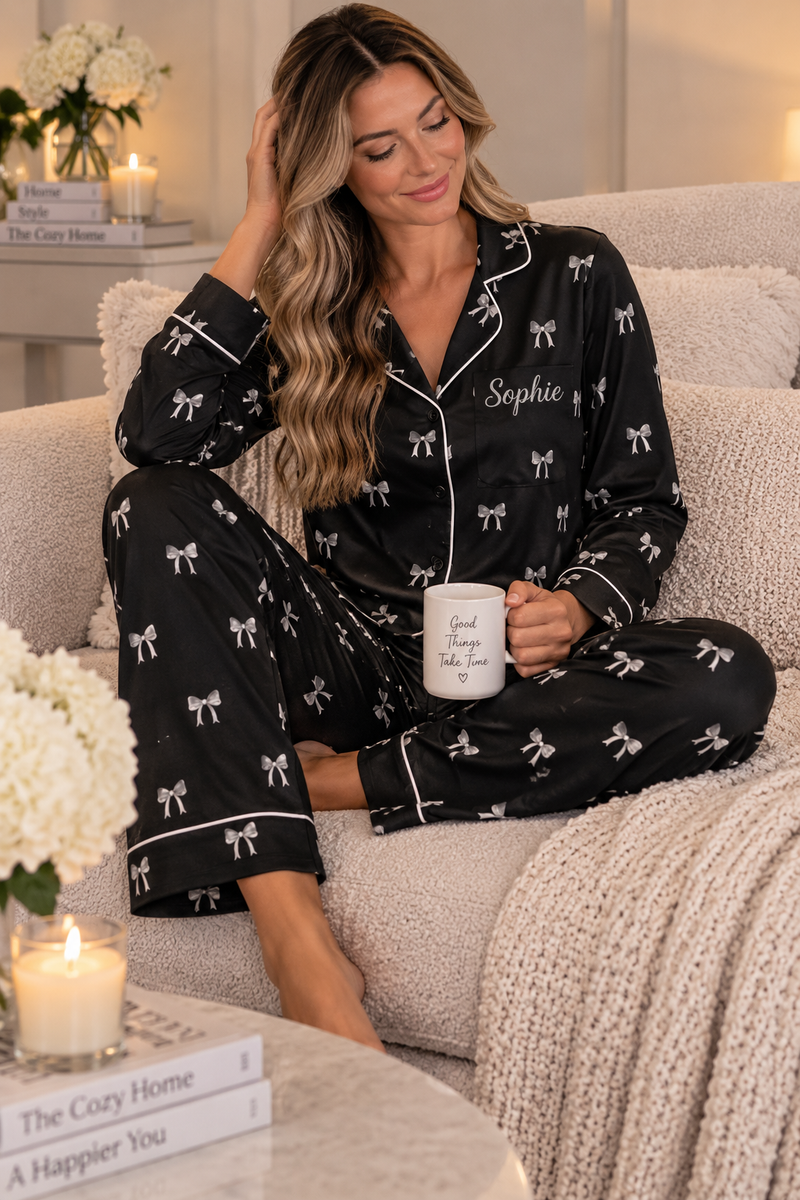 Pre-Order - Personalised Long Sleeve Bow Print Pyjama Set