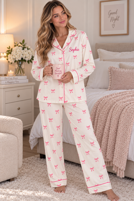 Pre-Order - Personalised Long Sleeve Bow Print Pyjama Set