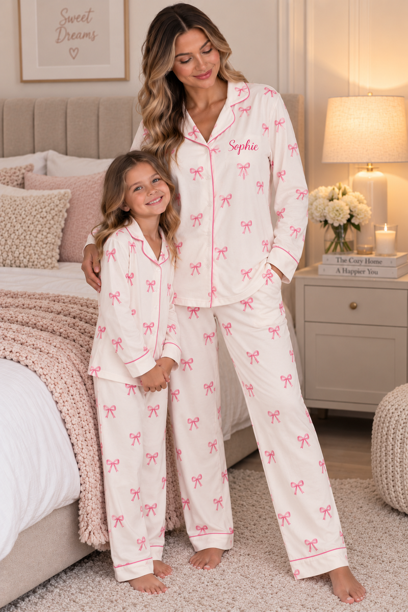 Pre-Order - Personalised Long Sleeve Bow Print Pyjama Set
