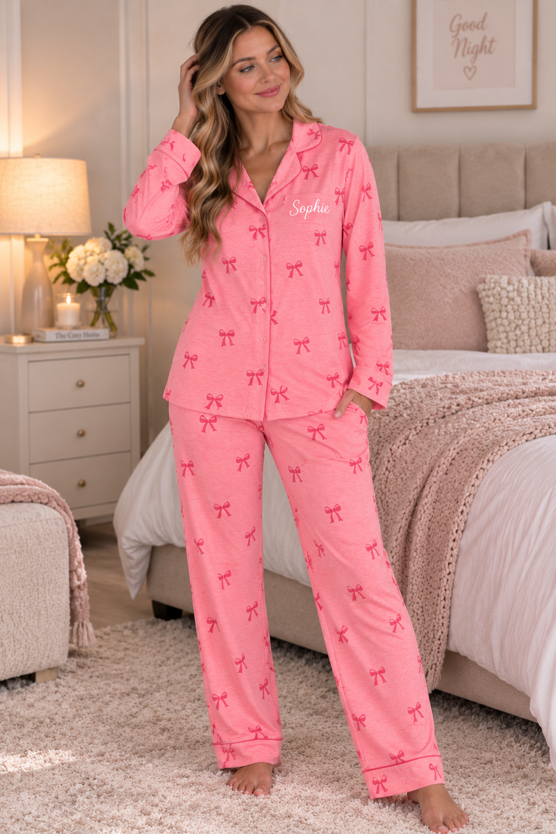 Pre-Order - Personalised Long Sleeve Bow Print Pyjama Set