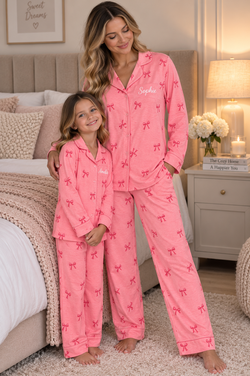 Pre-Order - Personalised Long Sleeve Bow Print Pyjama Set