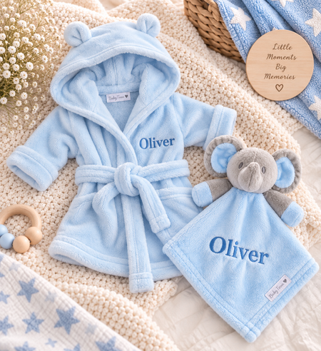 personalised baby dressing gown gift set | baby dressing gown and elephant comforter | personalised newborn gift set | embroidered baby robe and comforter