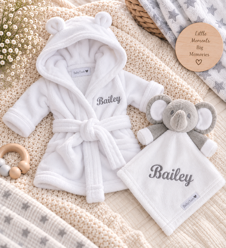 personalised baby dressing gown gift set | baby dressing gown and elephant comforter | personalised newborn gift set | embroidered baby robe and comforter