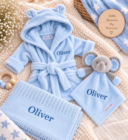 baby personalised dressing gown gift set | elephant comforter and cotton blanket gift set | personalised newborn gift bundle | baby dressing gown and elephant toy set