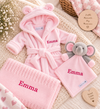 baby personalised dressing gown gift set | elephant comforter and cotton blanket gift set | personalised newborn gift bundle | baby dressing gown and elephant toy set