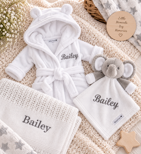 baby personalised dressing gown gift set | elephant comforter and cotton blanket gift set | personalised newborn gift bundle | baby dressing gown and elephant toy set