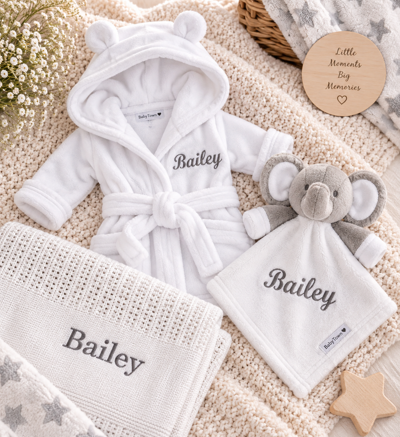 baby personalised dressing gown gift set | elephant comforter and cotton blanket gift set | personalised newborn gift bundle | baby dressing gown and elephant toy set