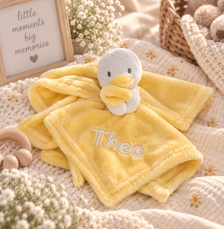 A personalised little duck comforter soft plush material in yellow, with embroidered personalised detailing set neatly across the front of the white duck.  The duck is attached with a  yellow beak and cute stitched eyes, this would make such a sweet little personalised gift. 