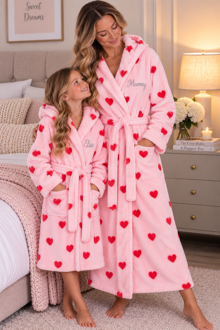 A woman and a child wearing matching pink hooded bathrobes with red heart prints, standing in a cozy bedroom setting. The woman's robe is personalized with the name 'Mummy' and the child's with 'Ellie' in gray script.