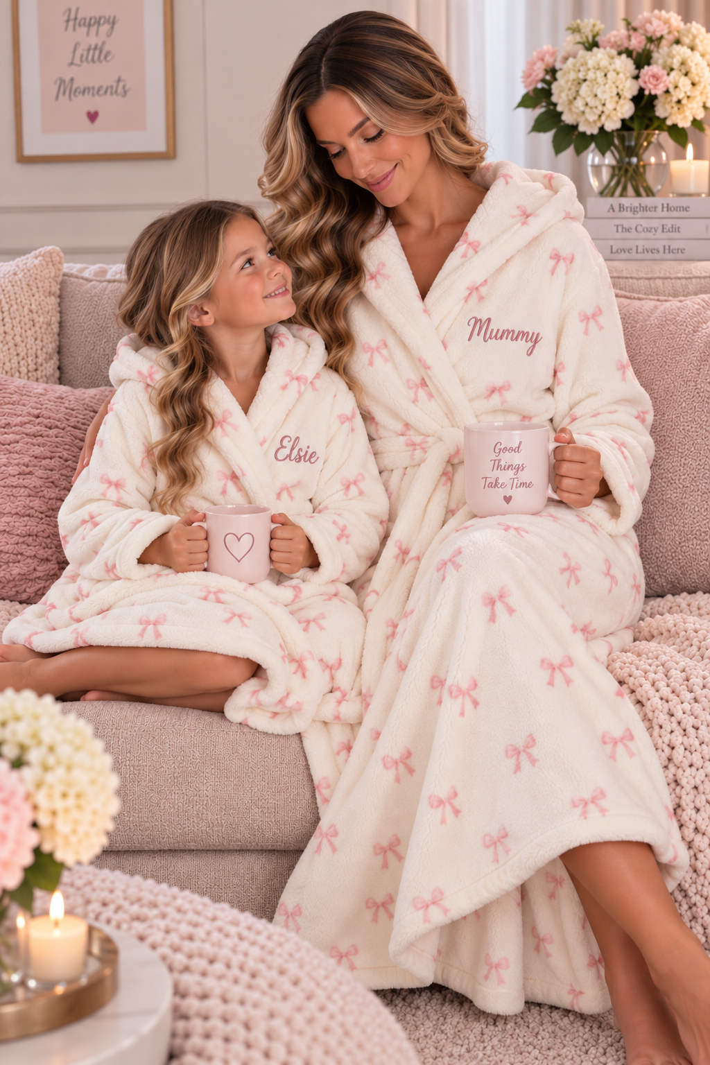 A woman and a young girl sitting together on a couch wearing matching plush bathrobes. The robes are cream-colored with a light pink bow pattern, and both have the name embroidered on the chest.