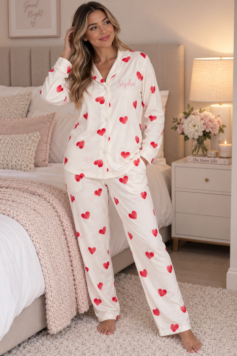 Pre-Order - Personalised Long Sleeve Heart Print Pyjama Set