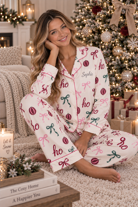 A woman sits on a fluffy cream rug in a cozy living room, wearing a pajama set with a holiday print. The pajamas are cream-colored with pink and green bow and ornament motifs, and the name 'Sophie' is embroidered on the chest.