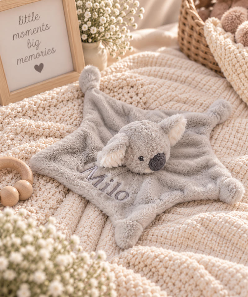 baby personalised recycled koala comforter | personalised koala comfort blanket | embroidered recycled koala comforter | sustainable baby koala comfort toy