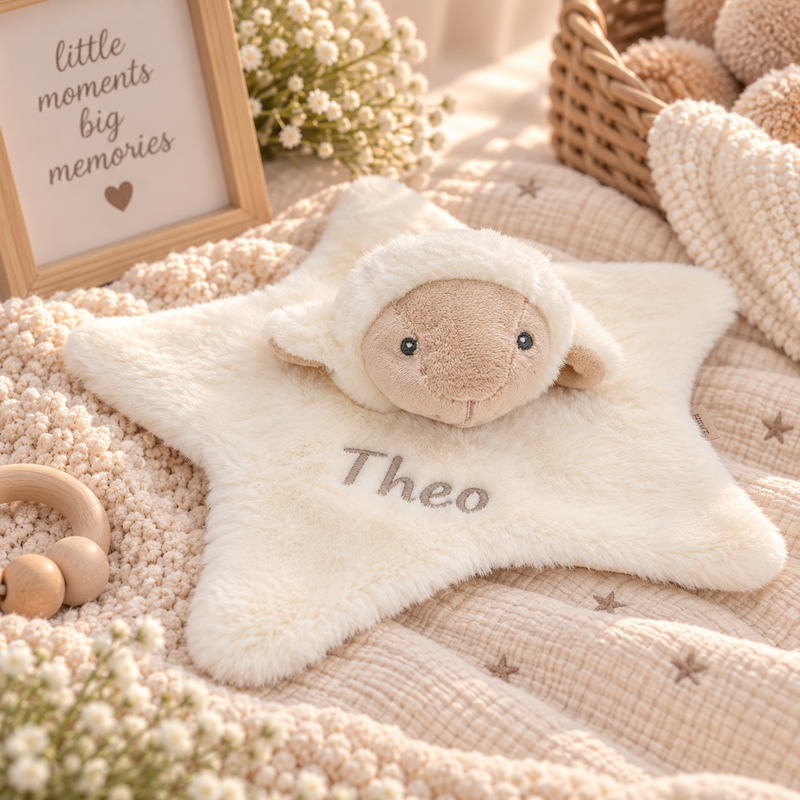 baby personalised recycled lamb comforter | personalised lamb comfort blanket | embroidered recycled lamb comforter | sustainable baby lamb comfort toy