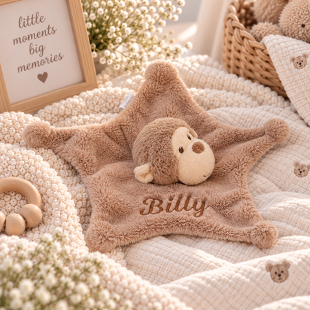 baby personalised recycled monkey comforter | personalised monkey comfort blanket | embroidered recycled monkey comforter | sustainable baby monkey comfort toy