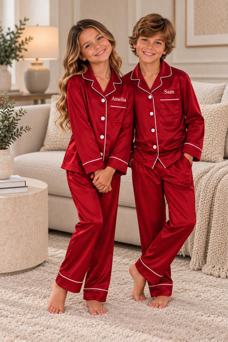 These include a button up shirt with your personalised name above the pocket and trousers, with pockets on either side and an adjustable tie around the waist. The perfect personalised gift for children! Red body colour with a White contrast piping and buttons. Personalised for you! 