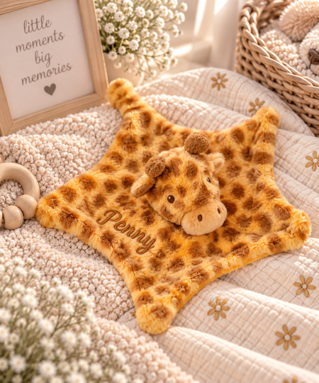 baby personalised recycled giraffe comforter | personalised giraffe comfort blanket | embroidered recycled giraffe comforter | sustainable baby giraffe comfort toy