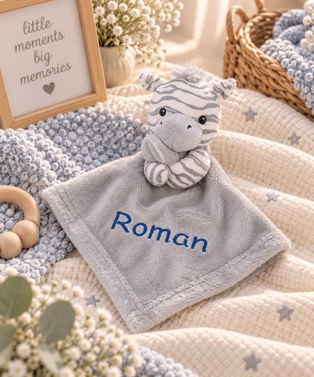 baby personalised zebra comforter | personalised zebra comfort blanket | embroidered zebra comforter for baby | soft zebra comfort toy