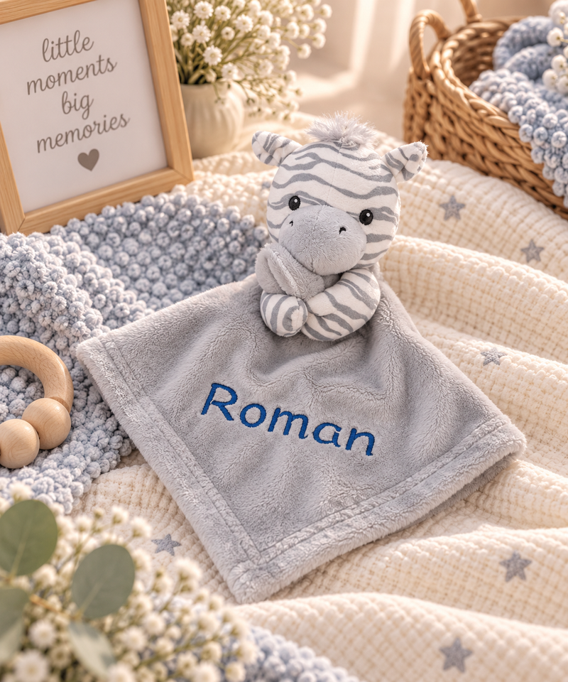 baby personalised zebra comforter | personalised zebra comfort blanket | embroidered zebra comforter for baby | soft zebra comfort toy