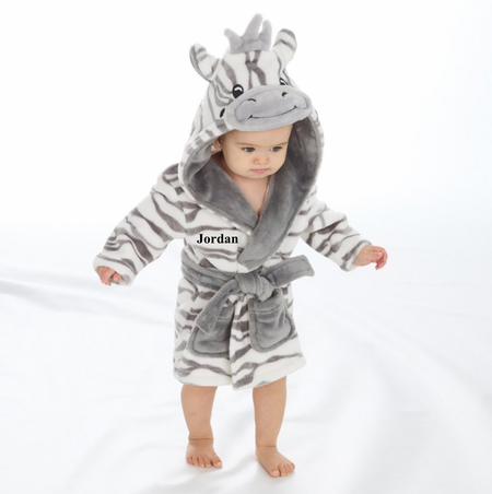 baby personalised zebra hooded dressing gown | personalised zebra dressing gown for baby | embroidered zebra baby robe | soft zebra hooded bathrobe for baby