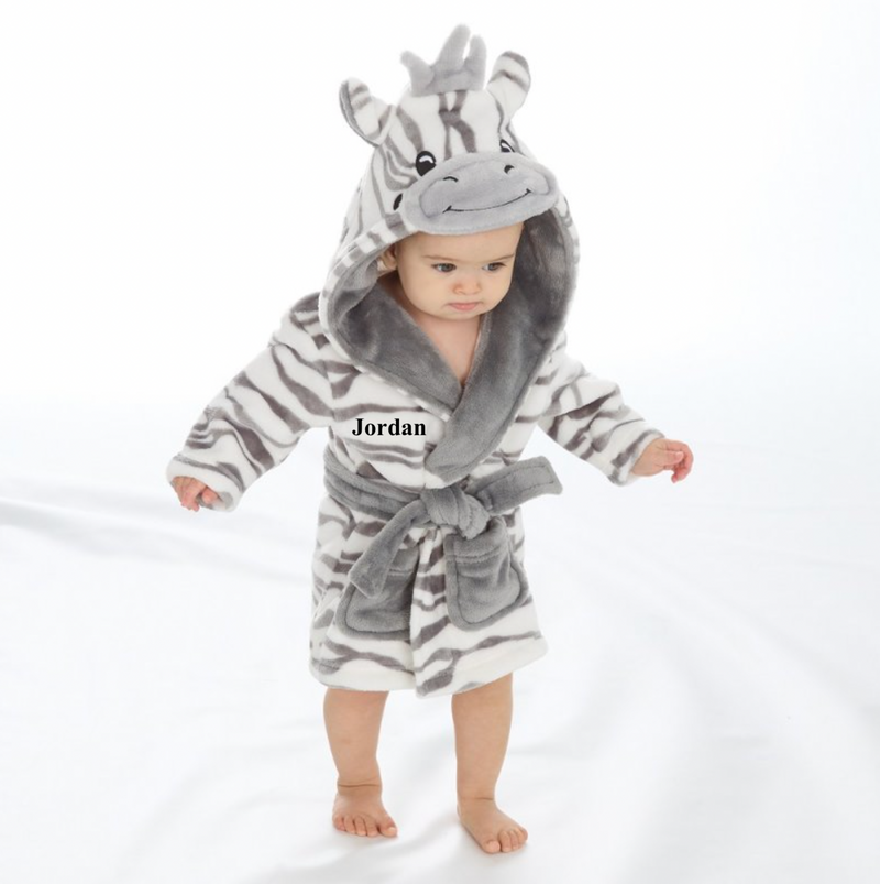 baby personalised zebra hooded dressing gown | personalised zebra dressing gown for baby | embroidered zebra baby robe | soft zebra hooded bathrobe for baby