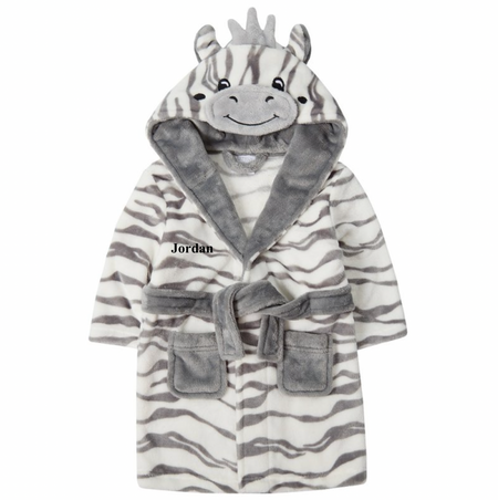 baby personalised zebra hooded dressing gown | personalised zebra dressing gown for baby | embroidered zebra baby robe | soft zebra hooded bathrobe for baby