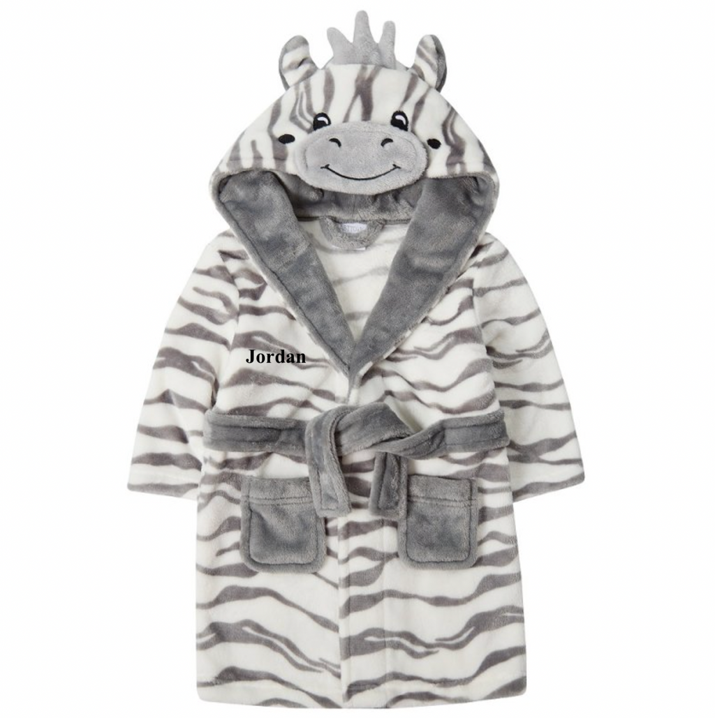 kids personalised zebra dressing gown | unisex zebra hooded dressing gown | personalised zebra print robe for kids | embroidered zebra dressing gown