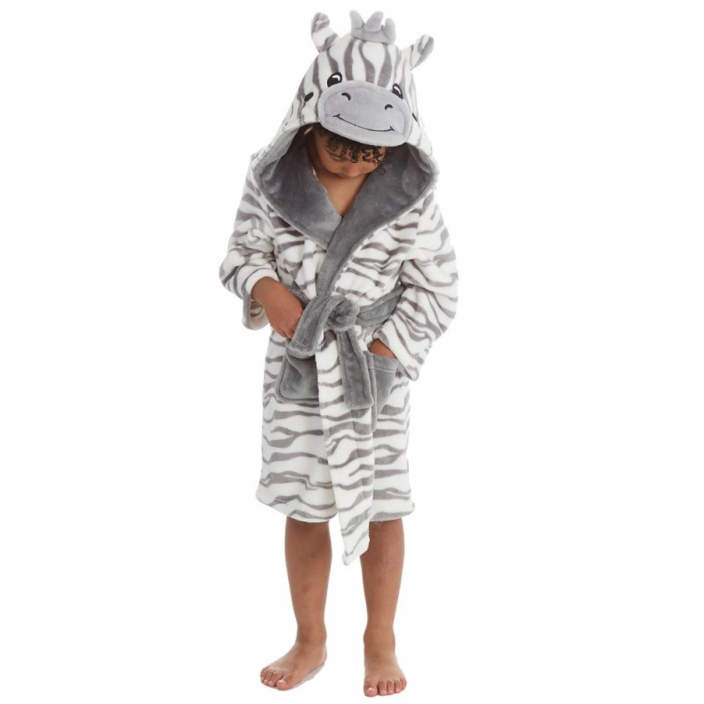 kids personalised zebra dressing gown | unisex zebra hooded dressing gown | personalised zebra print robe for kids | embroidered zebra dressing gown