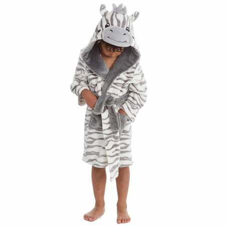kids personalised zebra dressing gown | unisex zebra hooded dressing gown | personalised zebra print robe for kids | embroidered zebra dressing gown
