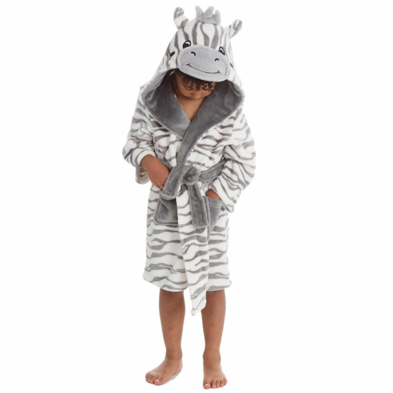 kids personalised zebra dressing gown | unisex zebra hooded dressing gown | personalised zebra print robe for kids | embroidered zebra dressing gown