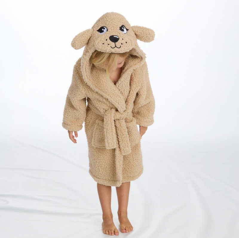 kids personalised puppy borg dressing gown | unisex puppy hooded dressing gown | personalised puppy robe for kids | embroidered puppy borg dressing gown