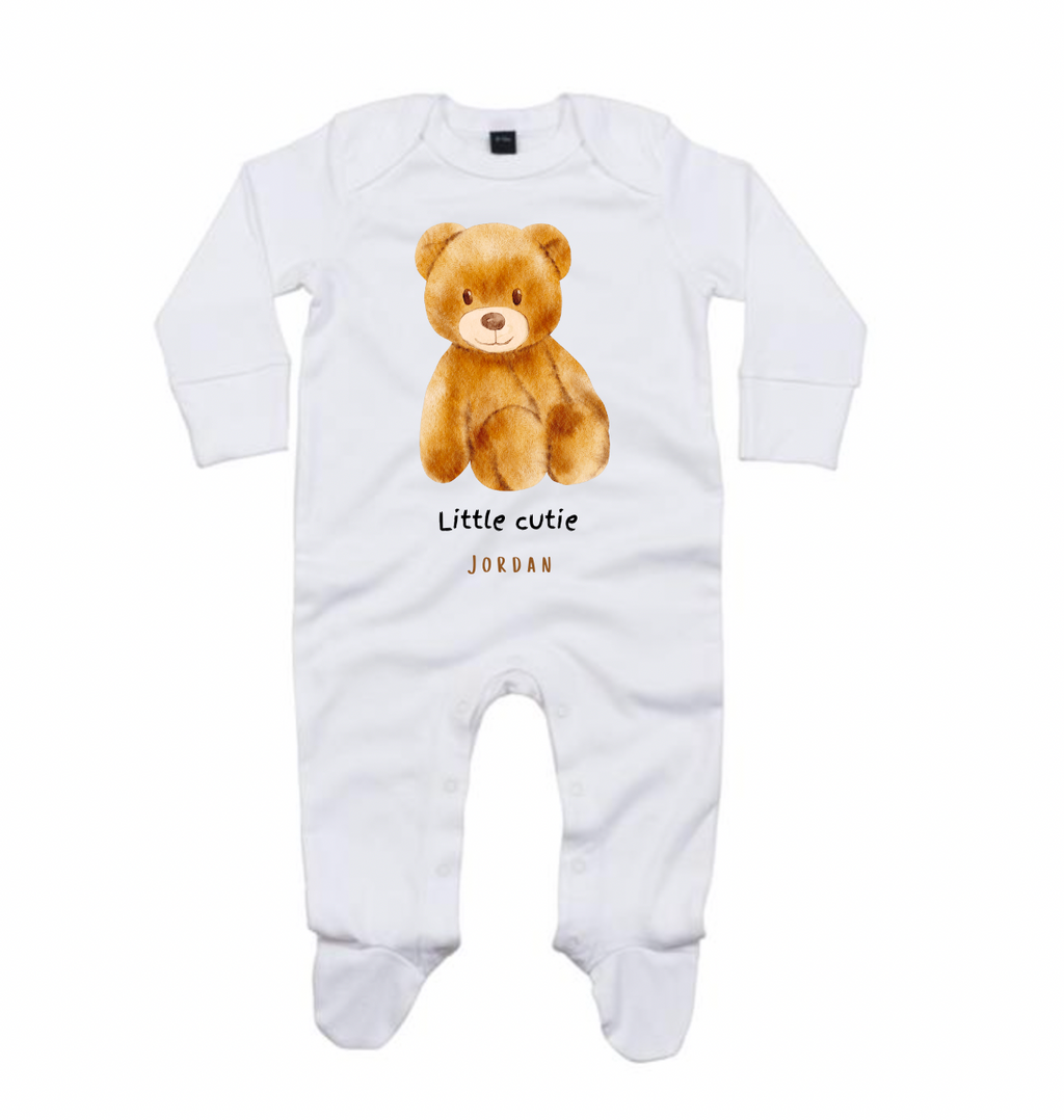 little cutie teddy bear personalised sleepsuit | personalised teddy bear baby sleepsuit | organic cotton baby sleepsuit | personalised newborn teddy sleepsuit
