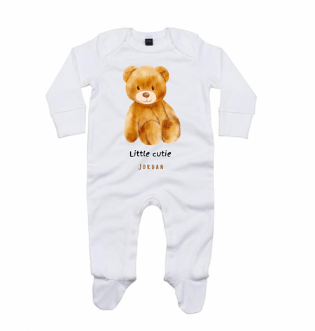 little cutie teddy bear personalised sleepsuit | personalised teddy bear baby sleepsuit | organic cotton baby sleepsuit | personalised newborn teddy sleepsuit