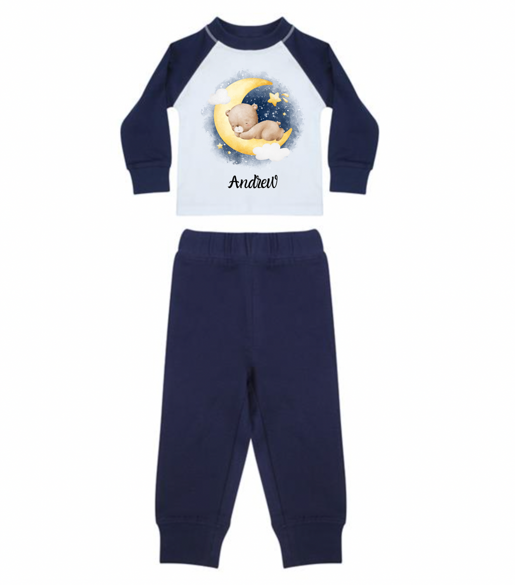 baby personalised bear print pyjamas | personalised raglan bear pyjama set | cotton bear print baby pyjamas | personalised baby sleepwear