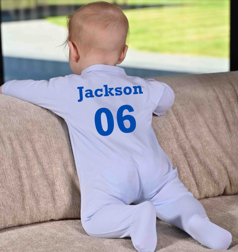baby personalised football sleepsuit | personalised football themed baby grows | football sleepsuit with name and number | personalised baby football outfit