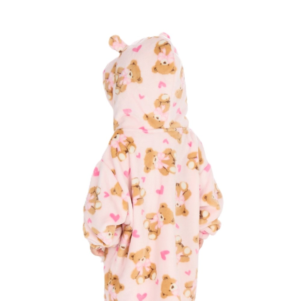 Kid wearing teddy bear print hoody personalised to the chest. Hood and kangaroo pocket to the front.
