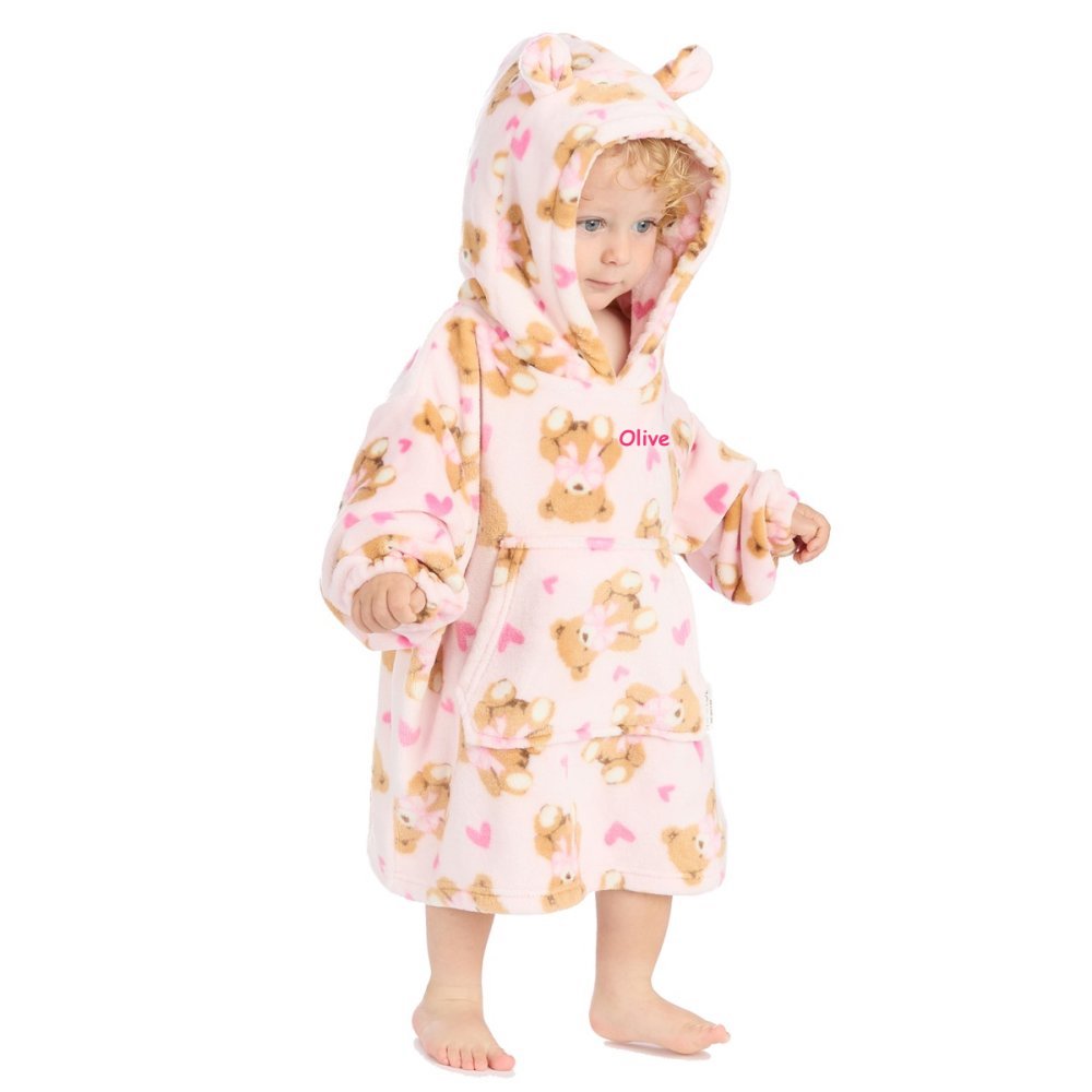 Baby wearing teddy bear print hoody personalised to the chest. Hood and kangaroo pocket to the front.