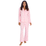 Load image into Gallery viewer, Ladies love heart design pyjamas personalised to the front above the pocket.  Pink and white colour with buttons to the front.
