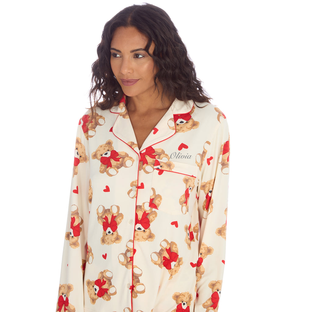 Ladies teddy bear print pyjamas. Created from a super comfy jersey fabric and complete with personalisation above the pocket to make the perfect gift for her! 
