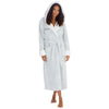 Women's personalised dressing gown in a frosted light grey colour with white borg trim in the hood and front panel. Pockets on either side, adjustable tie around the waist and hood to the back. The personalisation will be to the chest and of your choosing - this will be embroidered. 