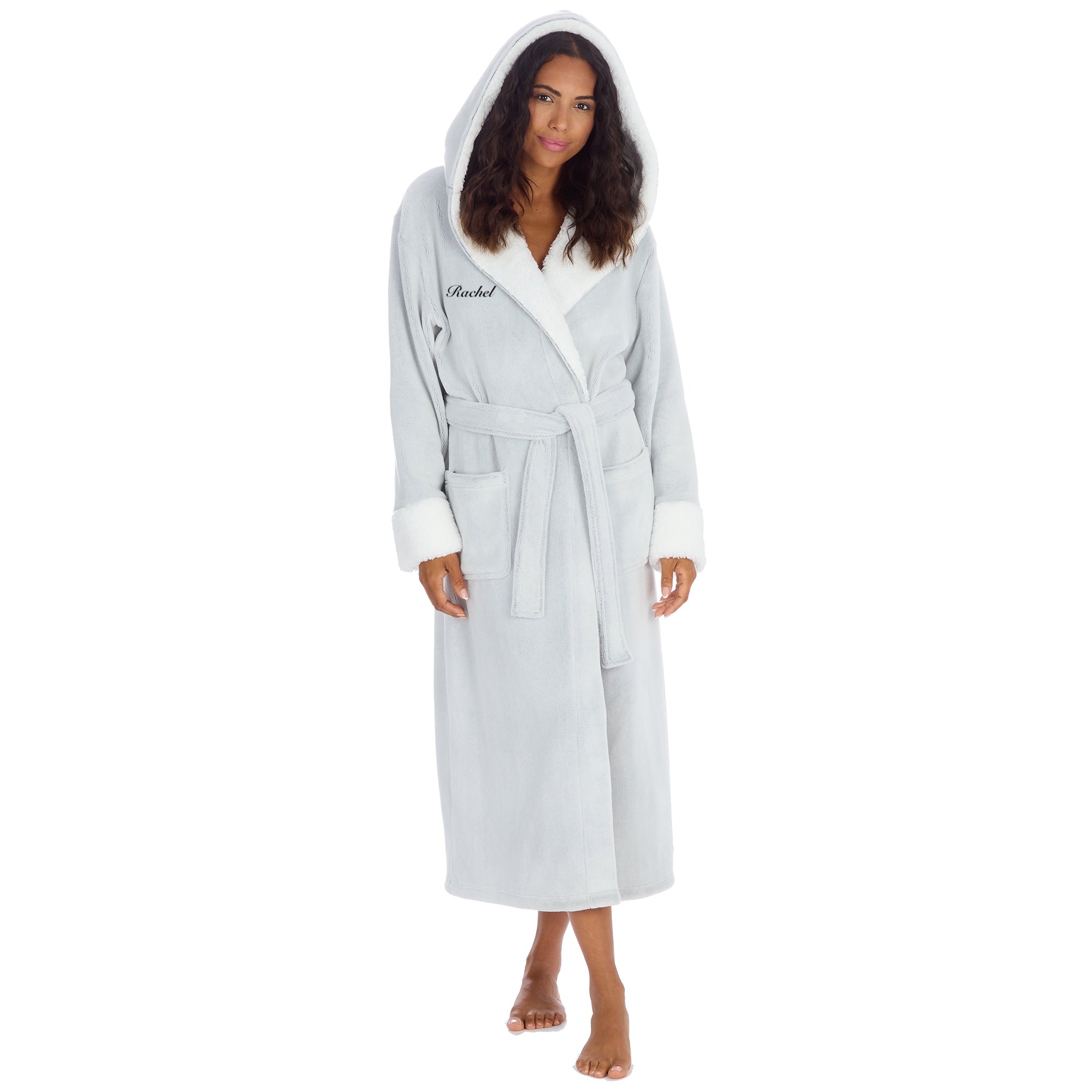 Women's personalised dressing gown in a frosted light grey colour with white borg trim in the hood and front panel. Pockets on either side, adjustable tie around the waist and hood to the back. The personalisation will be to the chest and of your choosing - this will be embroidered. 