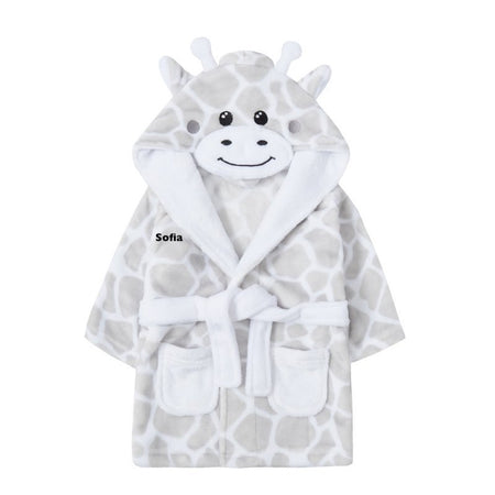 baby personalised giraffe hooded dressing gown | personalised giraffe dressing gown for baby | embroidered giraffe baby robe | unisex giraffe hooded bathrobe