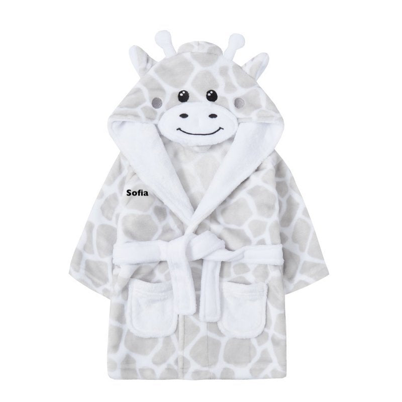 baby personalised giraffe hooded dressing gown | personalised giraffe dressing gown for baby | embroidered giraffe baby robe | unisex giraffe hooded bathrobe
