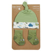baby boy dinosaur hat and sock set | novelty dinosaur baby accessory set | baby dinosaur hat with matching socks | dinosaur baby gift set